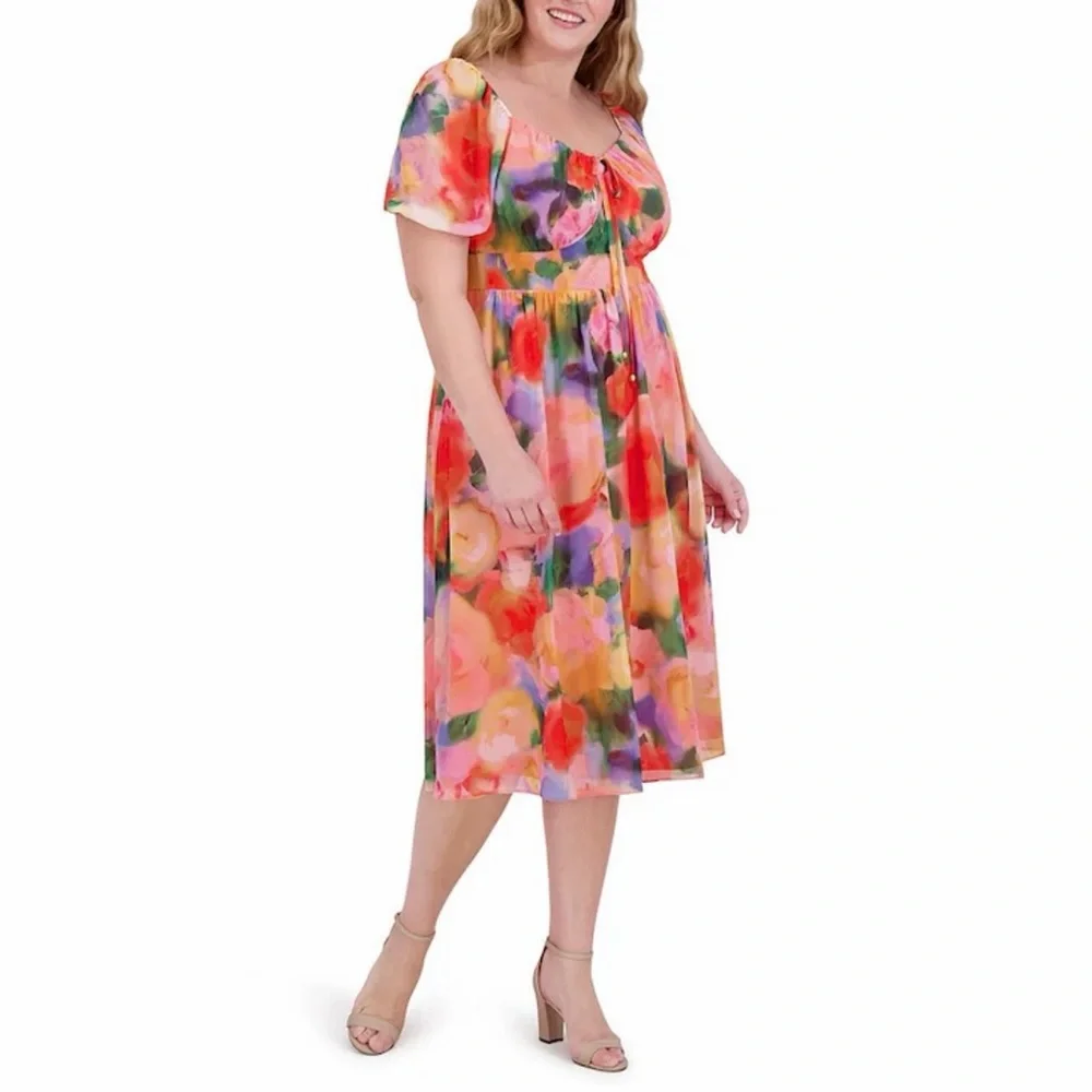 NWT Vince Camuto Plus Floral Chiffon A-Line Midi Dress Puff Sleeve w/Pockets 18W - Picture 9 of 10